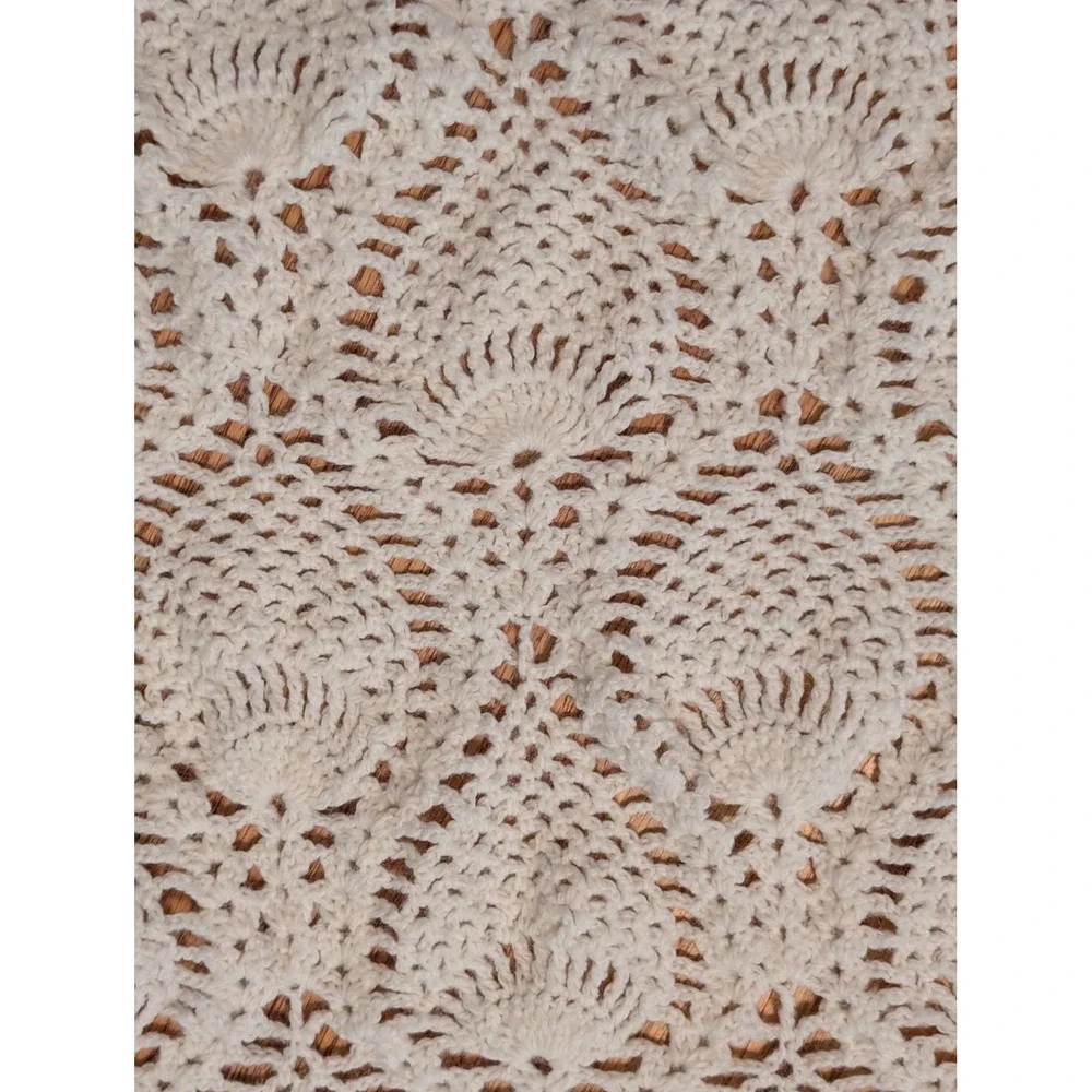 Handmade Crochet Throw Blanket Pineapple Stitch Cream Off White Scalloped 43x60